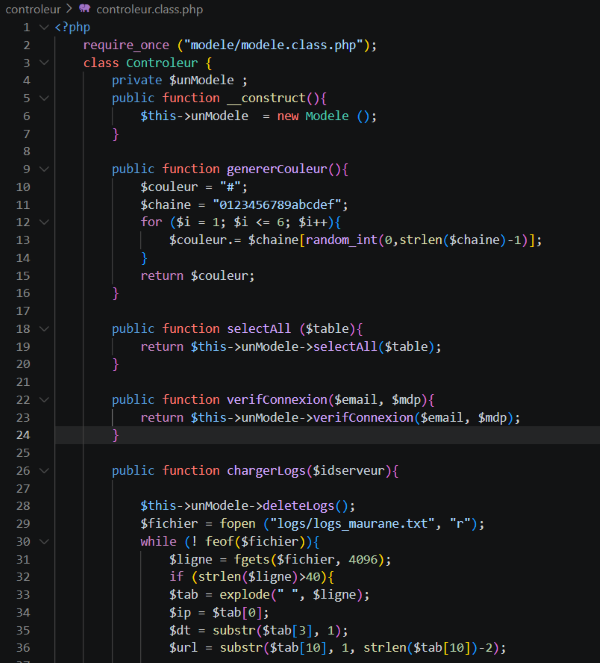 Fichier controleur.class.php du site d'analyse de logs