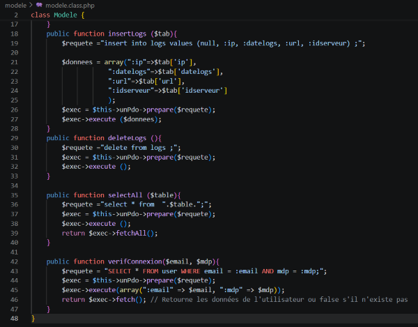 Fichier modele.class.php du site d'analyse de logs