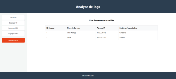 Page affichant les serveurs du site d'analyse de logs
