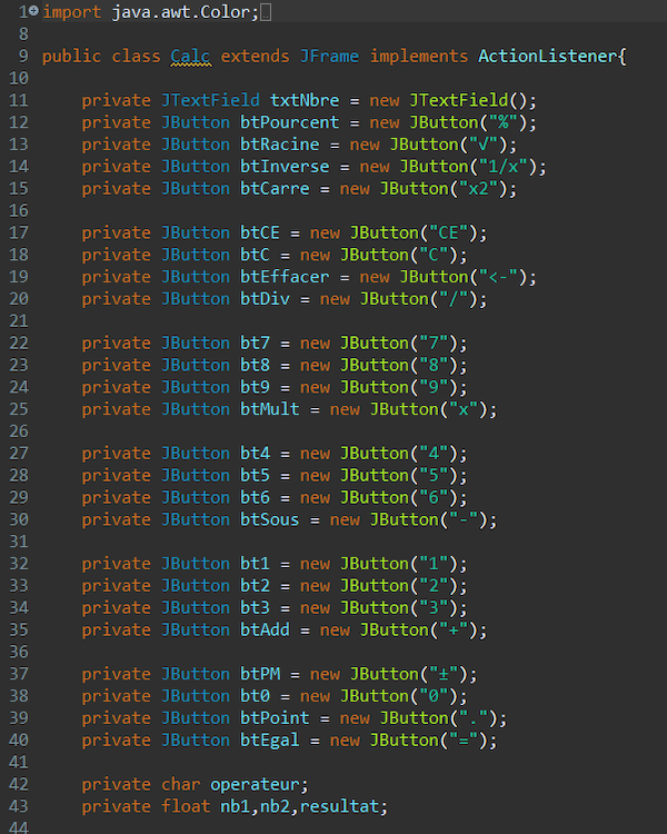 Initiation des variables boutons de la calculatrice