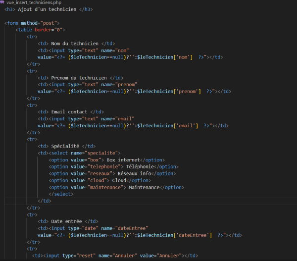 Code du formulaire pour insérer un technicien