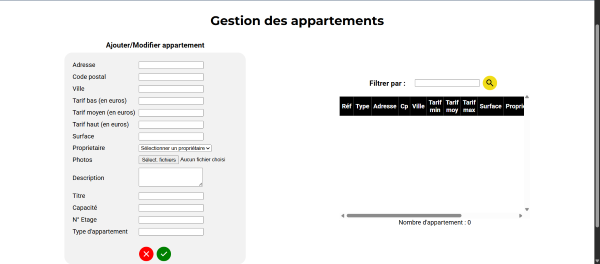 Page de gestion des appartements du site N&S