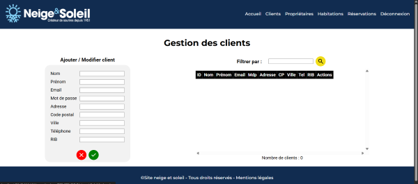 Page de gestion des clients site N&S