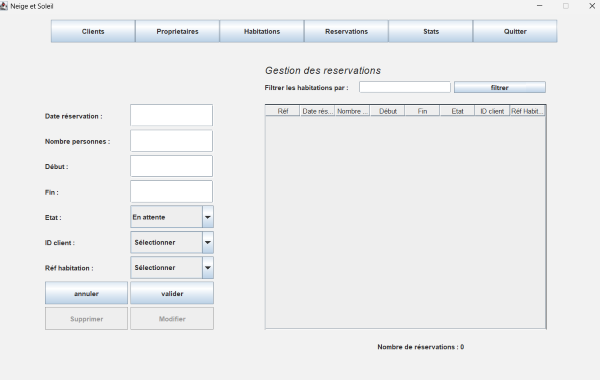 Section Reservation de l'application Java N&S