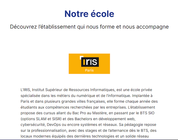 Page de présentation de l'école IRIS